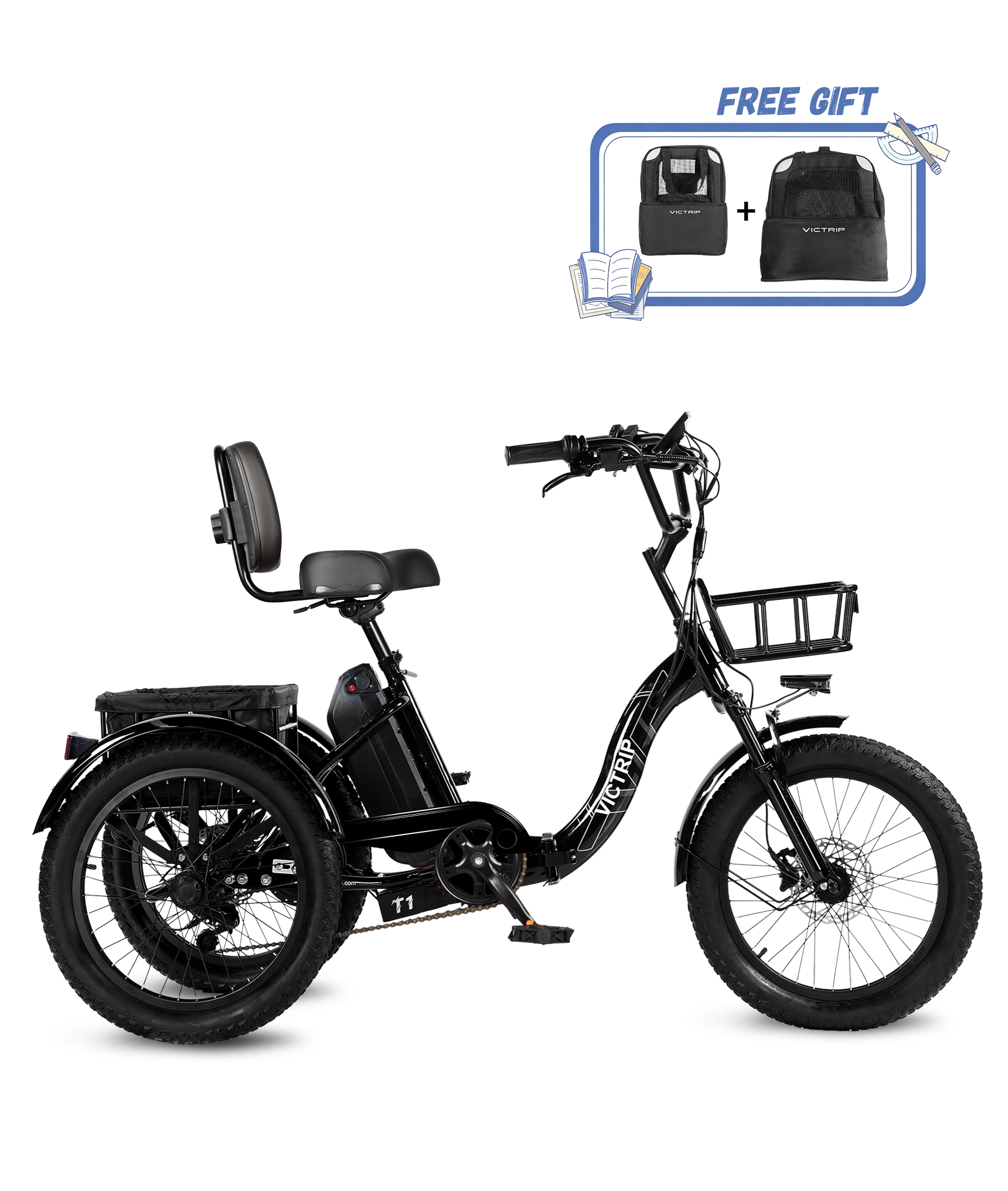 Victrip T1 Fat tire Electric Trike / 90%Pre-assembled / Reverse Mode / Peak 1000W Motor / 48V 20Ah / USA / Black(Includes Anniversary Gift)