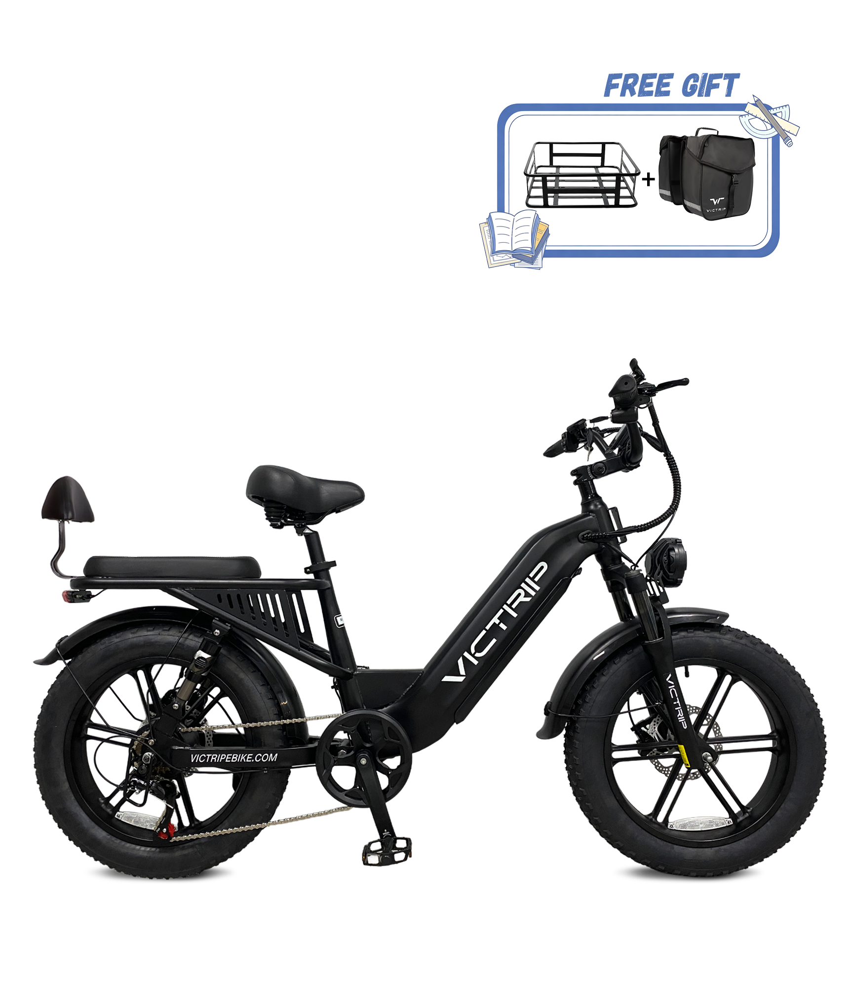 Victrip Mimas 1000W Fat Tire Commuter Step Thru Ebike, 48V 30AH, 130 Miles, Max 450 LBS / Black / EBike+Rack+Fender+trailer