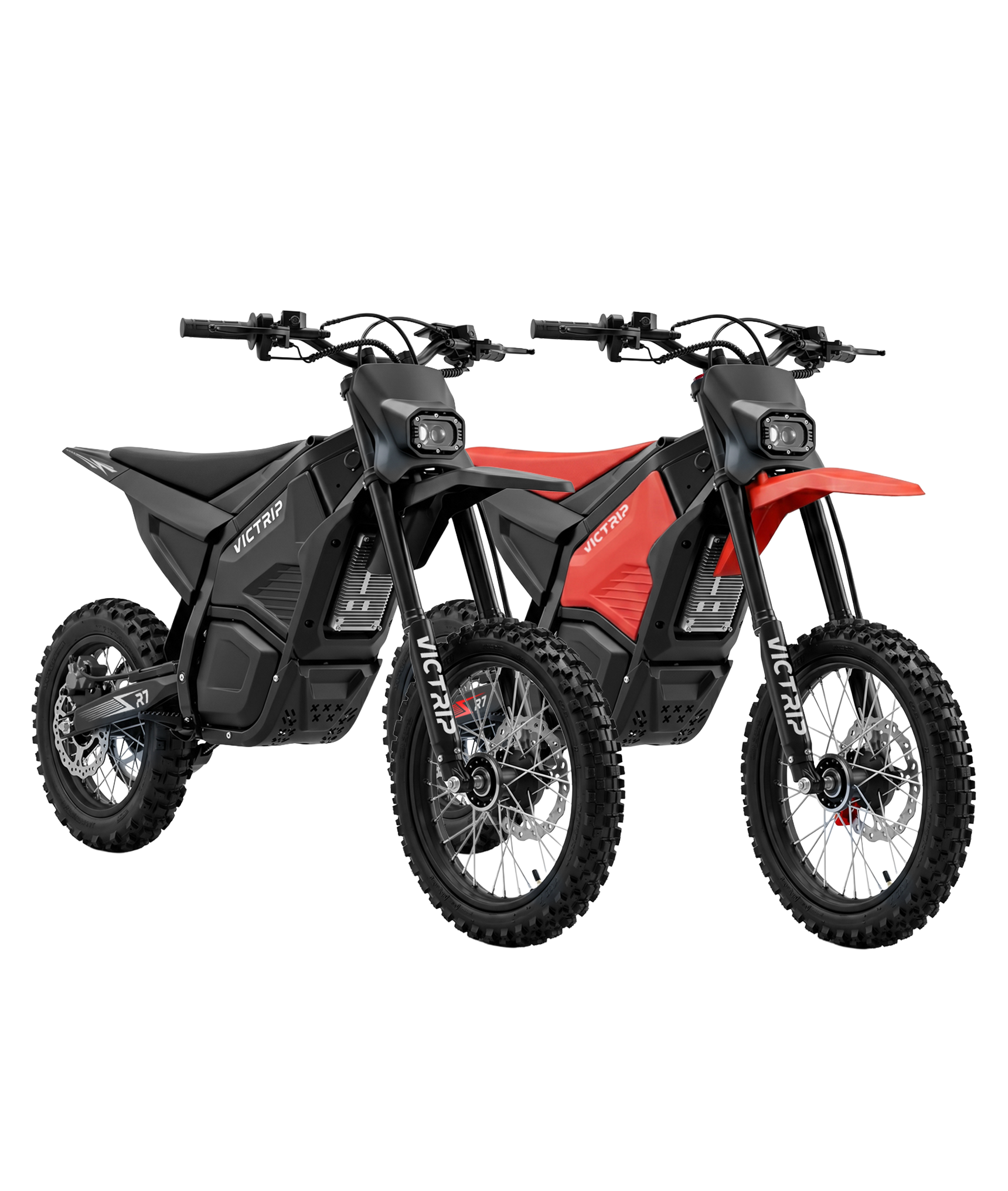 R7 2-pack electric dirt bikes in black and red